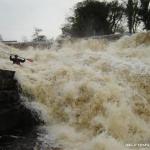 Photo of the Ballysadare river in County Sligo Ireland. Pictures of Irish whitewater kayaking and canoeing. Last drop, stepped drop, river right, high water. Photo by owen