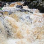 Photo of the Dargle river in County Wicklow Ireland. Pictures of Irish whitewater kayaking and canoeing. Cillian lining up the main drop. Photo by DM